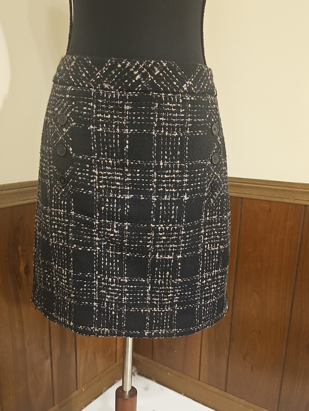 LOFT Size 8P Brown Black Plaid Tweed Button Mini Skirt Preppy